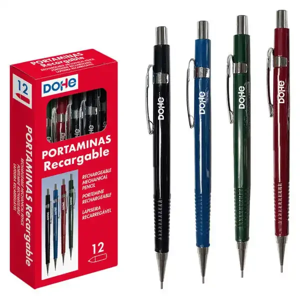 Dohe Portaminas Recargable – Cuerpo de Plastico – Zona Estriada para Agarre – Clip, Pulsador y Punta Metalica – Goma de Borrar – para Minas de 0.5mm (12 uds)