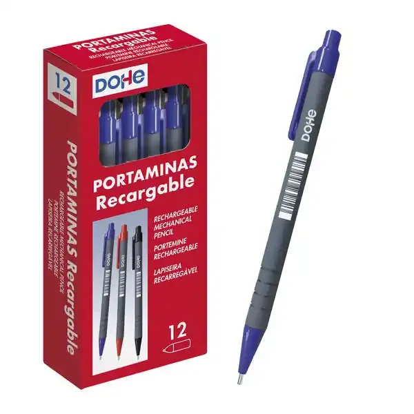 Dohe Portaminas Recargable con Cuerpo de Plastico – para Minas de grafito de 0.5mm – Punta Acolchada Metalica – Clip y Goma de Borrar en Pulsador – Grip Ergonomico