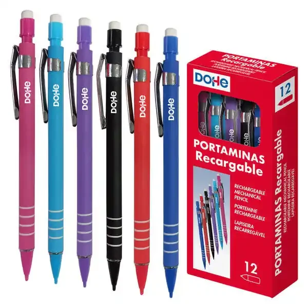 Dohe Portaminas Recargable con Cuerpo de Plastico – Zona Estriada para Agarre – Clip Metalico – Pulsador con Goma de Borrar – Punta de Plastico – para Minas de 0.5mm (12 uds)