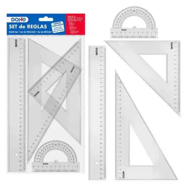 Dohe Set de Reglas – Regla, Escuadra, Cartabon y Transportador – Plastico Inyectado Transparente Cristal – Cantos Biselados y con Reborde