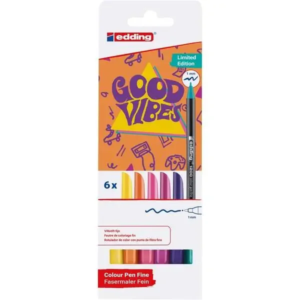 Edding 1200 Good Vibes Pack de 6 Rotuladores – Punta Redonda – Trazo 1mm – Tinta con Base de Agua – Colores Surtidos