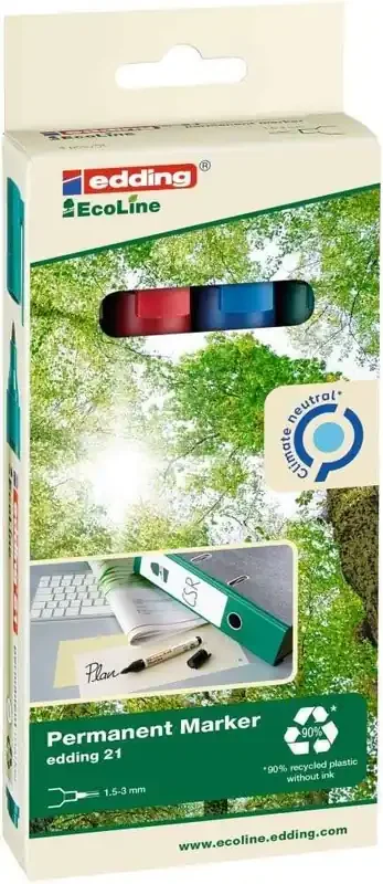 Edding 21 EcoLine Pack de 4 Rotuladores Permanentes – Punta Redonda – Trazo entre 1.5 y 3mm – 90% de Plastico Reciclado – Colores Surtidos
