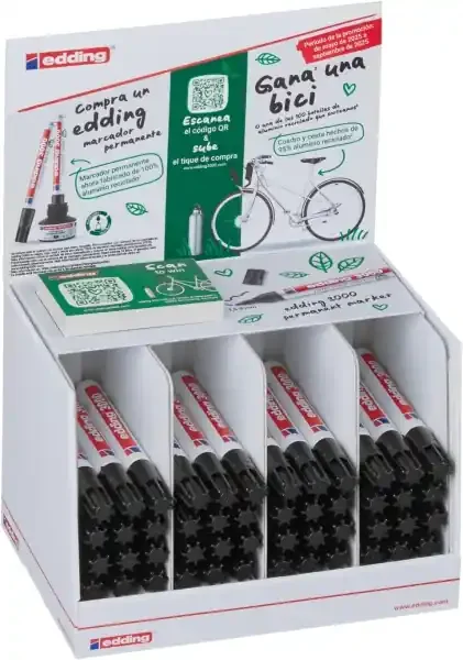 Edding 3000 Expositor con 48 Rotuladores Permanentes – Punta Redonda de 1.5mm – Trazo entre 1.5 y 3mm – Recargable – Secado Rapido – Color Negro