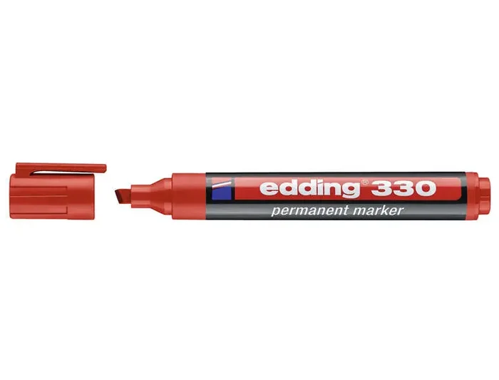 Edding 330 Rotulador Permanente – Punta Biselada – Trazo entre 1 y 5 mm. – Tinta casi Inodora – Capuchon con Clip – Secado Rapido – Color Rojo (10 uds)