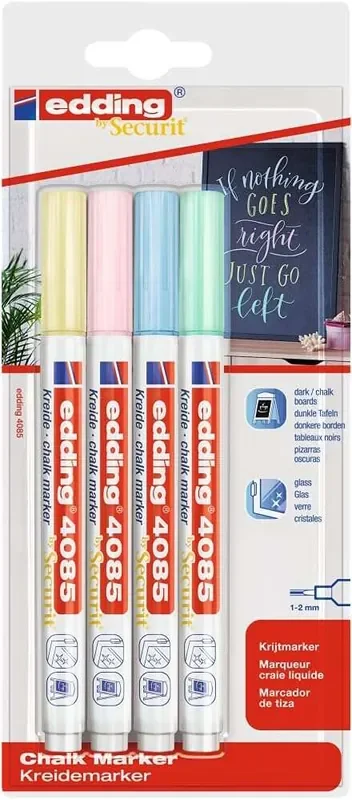 Edding 4085 Pastel Pack de 4 Rotuladores de Tiza Liquida – Punta Redonda – Trazo 1-3mm – Olor Neutro – Colores Azul, Verde, Amarillo y Rosa Pastel