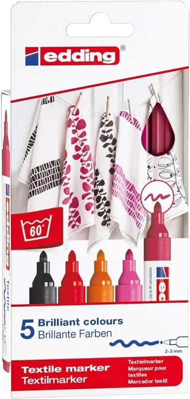 Edding 4500 Colores Calidos Pack de 5 Rotuladores Permanentes para Textil – Punta Redonda – Trazo 2-3mm – Olor Neutro – Secado Rapido – Colores Negro, Rojo, Naranja, Rosa y Carmín