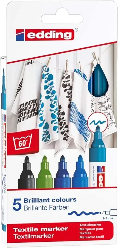 Edding 4500 Colores Frios Pack de 5 Rotuladores Permanentes para Textil – Punta Redonda – Trazo 2-3mm – Olor Neutro – Secado Rapido – Colores Negro, Azul, Azul Claro, Azul Oriental y Verde Claro