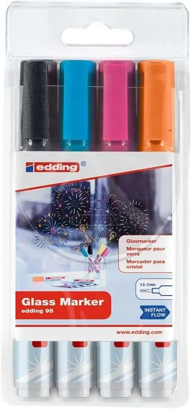 Edding 95 Pack de 4 Rotuladores de Tiza Liquida – Punta Redonda – Trazo 1.5-3mm – Colores Negro, Naranja, Rosa y Azul