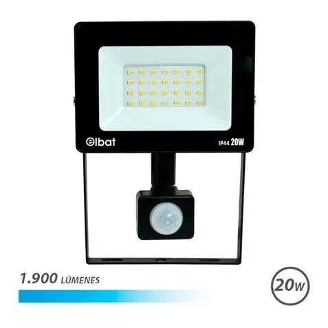 Elbat Foco LED con Sensor de Movimiento – Potencia 20W – Lumenes 1900 – Luz Fria 6.500K – Vida Util 30.000 – 50.000 Horas – Angulo 120º – Proteccion IP44 – Distancia de Deteccion 5 a 12 Metros