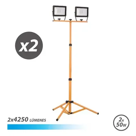 Elbat Foco LED con Tripode 2 x 50W – 4250 Lumenes – 6500K Luz Fria – Cable de 3m – IP65 para Uso en Exterior