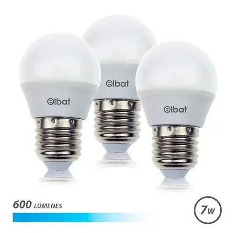 Elbat Pack 3 Bombillas – Potencia 7W – Lumenes 600 – Tipo de Luz 6500K Luz Fria – Casquillo E27 – Angulo 220º – Dimensiones 45X78mm – 30.000 Horas de Vida – 15.000 Encendidos