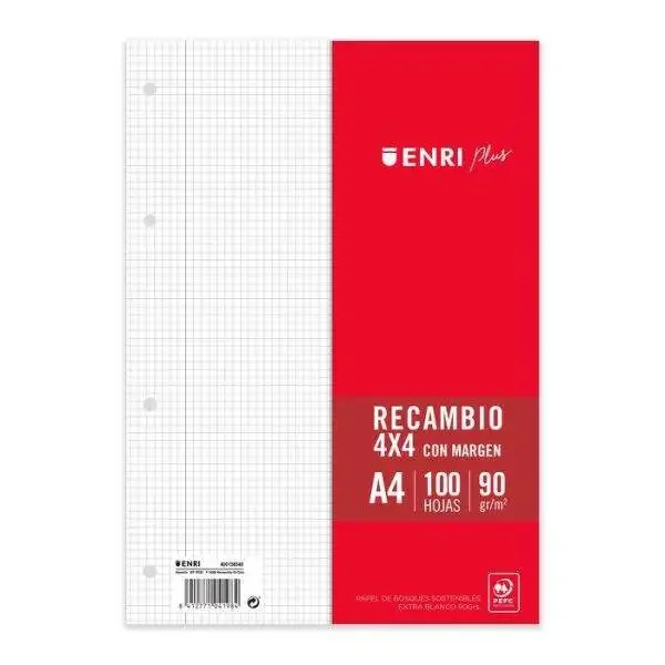 Enri Plus Recambio Formato A4 – Cuadriculado 4x4mm 4 Taladros – 100 Hojas 90gr con Margen