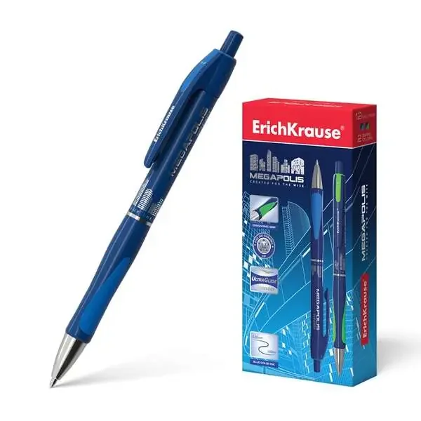 Erichkrause Boligrafo Automatico Megapolis Concept – Cuerpo Satinado Redondo – Zona de Agarre Ergonomica – Punta de 5 Canales – Tinta de Secado Rapido – Color Azul (12 uds)