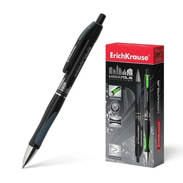 Erichkrause Boligrafo Automatico Megapolis Concept – Cuerpo Satinado Redondo – Zona de Agarre Ergonomica – Punta de 5 Canales – Tinta de Secado Rapido – Color Negro (12 uds)