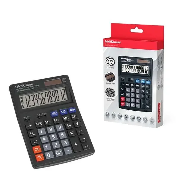 Erichkrause Calculadora Electronica de Sobremesa de 12 Digitos – Pantalla LCD de 12 Digitos – Memoria Doble – Funciones de Calculo Avanzadas – Color Negro
