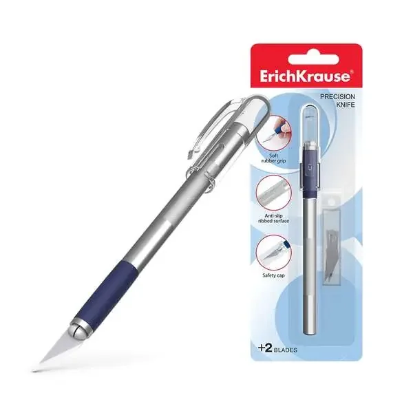 Erichkrause Cuchillo de Papeleria – Cuchillos de Precision para Cortes de Papel – Cuerpo Metalico con Agarre de Goma – Cuchilla Segmentada de Acero Resistente al Desgaste – Resistente a La Corrosion – Blister 1 Ud – Color Plateado