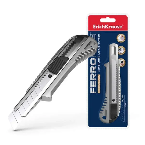 Erichkrause Cuter Metalico con Fijador Automatico – Sistema de Retencion de Cuchilla de Autobloqueo – Partidor Incorporado – Color Plateado