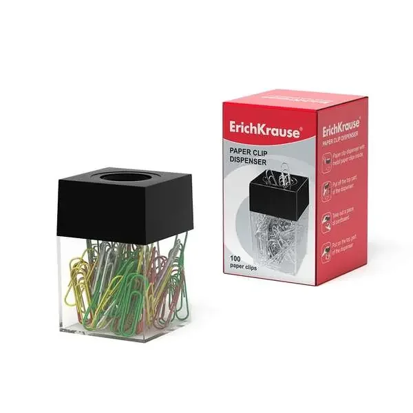 Erichkrause Dispensador de Clips – Compacto y Elegante – Incluye 100 Clips de Colores – Color Negro
