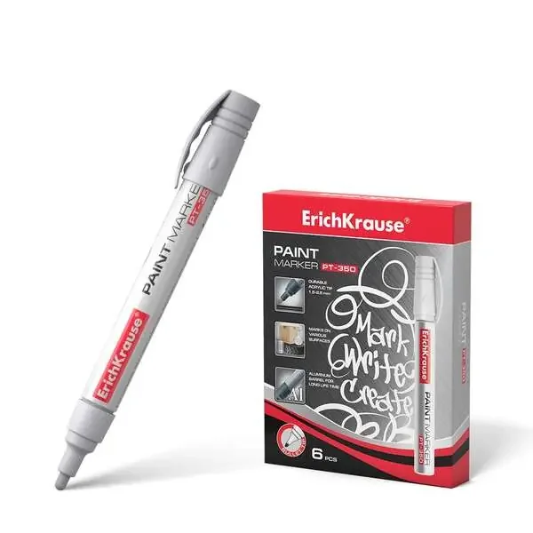 Erichkrause Marcador de Pintura Pt-350 – Sistema de Suministro de Tinta de Valvula – Cuerpo de Aluminio Resistente – Punta en Forma de Bala – Color Blanco (6 uds)