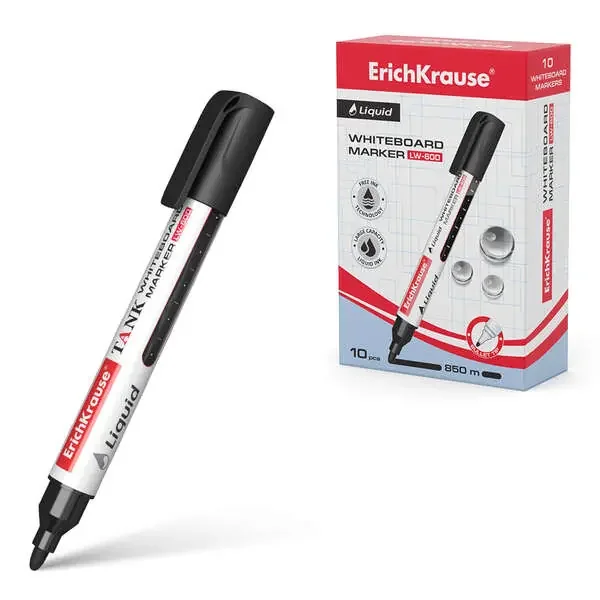 Erichkrause Marcador para Pizarra Blanca con Tinta Liquida Liquid Lw-600 – Tecnologia Free Ink – Punta en Forma de Bala – Tinta a Base de Alcohol – Color Negro (10 uds)