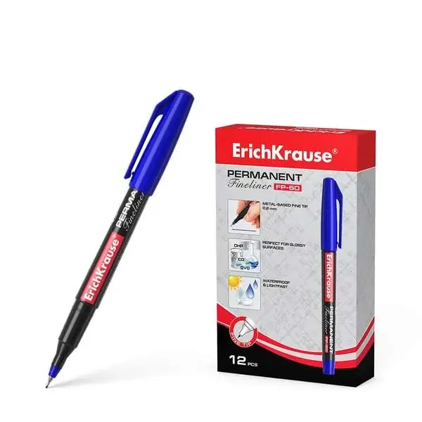 Erichkrause Marcador Permanente Fp-50 – Punta Fina de 0.6mm – Resistente a La Luz y al Agua – Color Azul (12 uds)