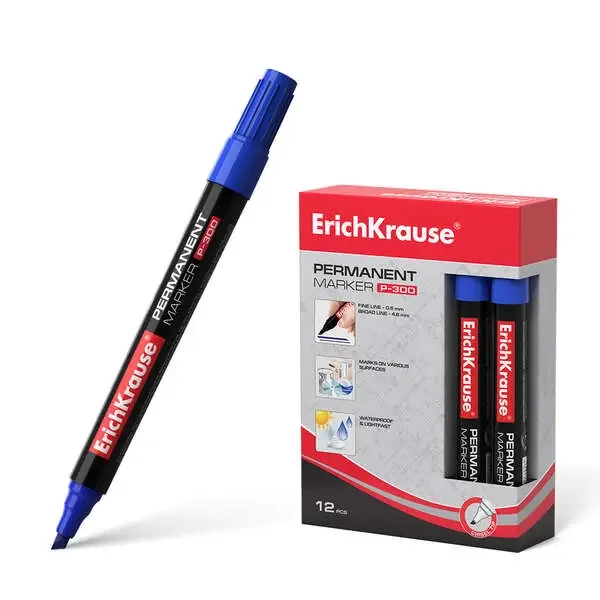 Erichkrause Marcador Permanente P-300 – Punta Biselada – Resistente al Agua y a los Rayos UV – Color Azul (12 uds)
