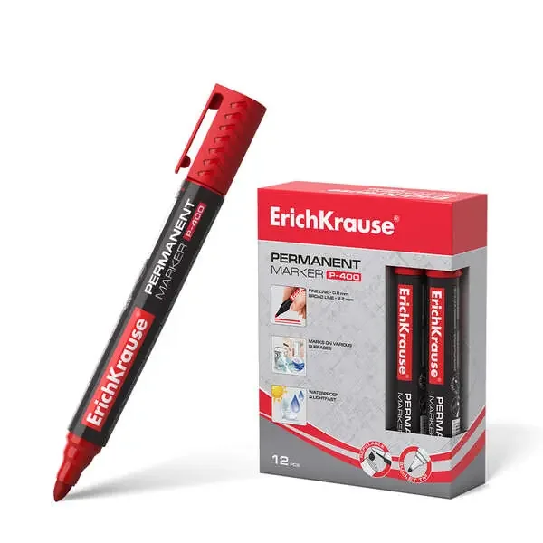 Erichkrause Marcador Permanente P-400 – Punta en Forma de Bala – Resistente a Multiples Superficies – Color Rojo (12 uds)