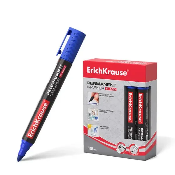 Erichkrause Marcador Permanente P-400 – Punta en Forma de Bala – Resistente a Multiples Superficies – Color Azul (12 uds)