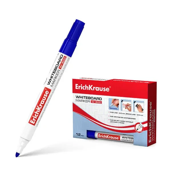 Erichkrause Marcador Pizarra W-500 – Punta Resistente al Daño – Ancho de Escritura de 0.8 a 2.5mm – Tinta a Base de Alcohol – Color Azul (12 uds)