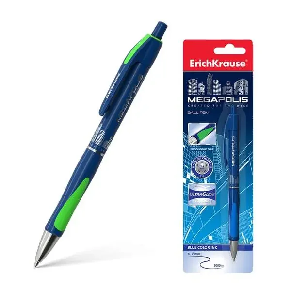 Erichkrause Megapolis Concept – Boligrafo Automatico Recargable – Cuerpo Satinado con Agarre Ergonomico – Tinta de Secado Rapido – Color Azul