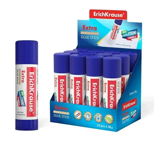 Erichkrause Pegamento en Barra Extra – Formula Super Fuerte en Base a PVP – Consumo Economico – Adhesion Rapida y Fiable – Facil de Lavar con Agua – No Toxico – sin Solventes – Resistente al Frio – Ideal para Papel, Carton y Tela – Color Blanco (12 uds)