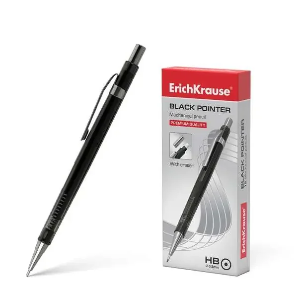 Erichkrause Portaminas Black Pointer 05 mm – Estilo Clasico con Detalles de Metal – Boquilla Retractil – Dureza HB – Minas de 05 mm – Color Negro (12 uds)