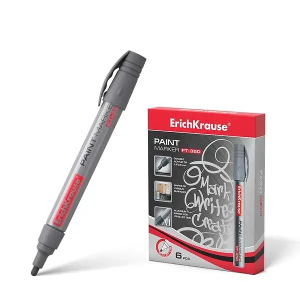 ErichKrause Pt-350 Marcador de Pintura – Sistema de Suministro de Tinta de Valvula – Cuerpo de Aluminio Resistente – Punta en Forma de Bala – Resistente al Agua y a los Rayos UV – Color Plateado (6 uds)