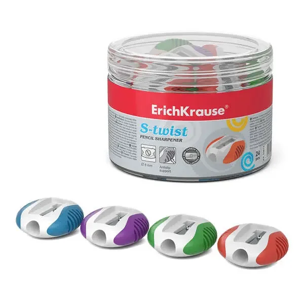 Erichkrause S-Twist – Sacapuntas de Plastico con Bordes de Goma Antideslizantes – Orificio de 8mm – Cuchilla en Forma de Espiral – Color Surtido (24 uds)