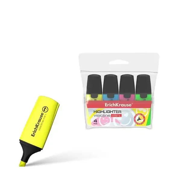 Erichkrause Visioline Mini Pack de 4 Marcadores – Miniformato con Divertidos Emoticonos – Colores Amarillo, Verde, Azul, Rosa – Fluorescente