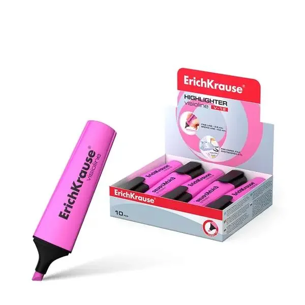 Erichkrause Visioline V-12 – Marcador de Texto con Punta Biselada – Tinta Fluorescente a Base de Agua – Color Rosa (10 uds)