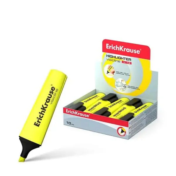 Erichkrause Visioline V-12 – Marcador de Texto con Punta Biselada – Tinta Fluorescente a Base de Agua – Color Amarillo (10 uds)