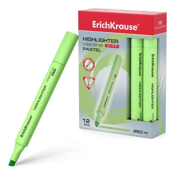 Erichkrause Visioline V-17 Pastel – Marcador de Texto – Punta Biselada – Tinta Fluorescente a Base de Agua – Color Verde (12 uds)