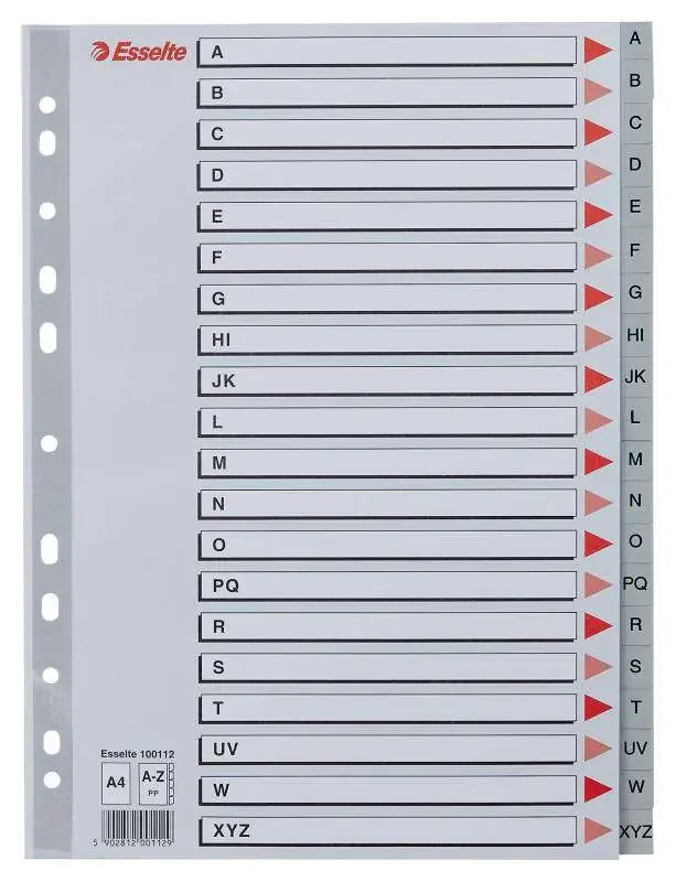 Esselte Abecedarios de Plastico con Caratula Indice A4 – PP – Tipo A-Z – Cartulina Indice Carton Gris – Material PP – Tamaño A4 – Multitaladro – Presentacion en Bolsa Individual – Color Gris