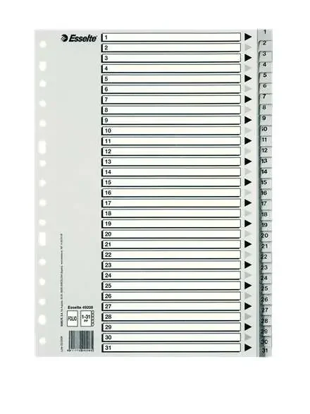 Esselte Bolsa de 25 Indices Numericos de Plastico – Pestañas 1 al 31 – Multitaladro – Formato Folio – Color Gris
