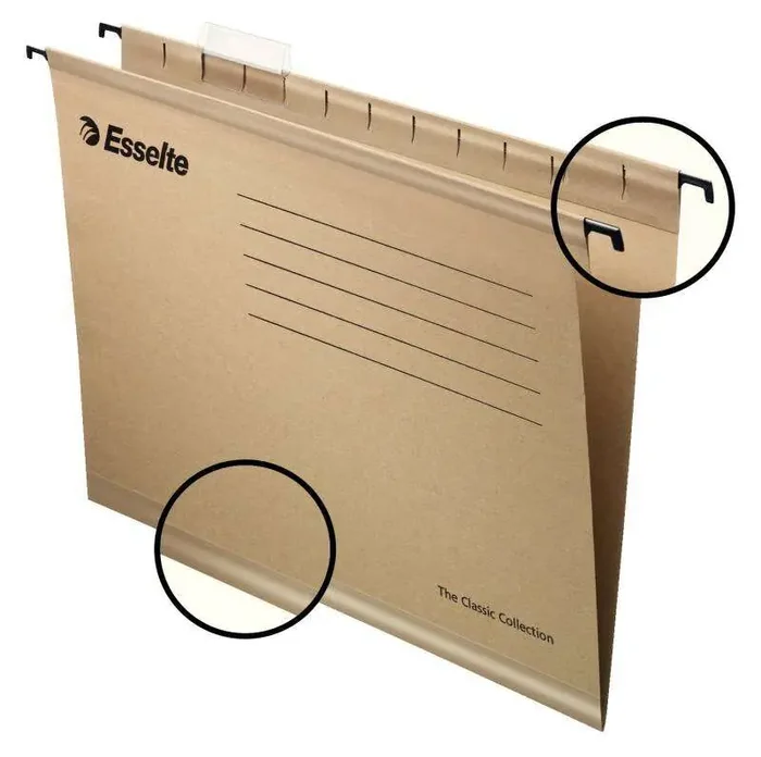 Esselte Classic Folio Carpeta Colgante Reforzada – Caja de 50 – 10 Veces Mas Resistente – Visores de Plastico Transparente – Etiquetas Blancas – 100% Carton Kraft Reciclado – Natural