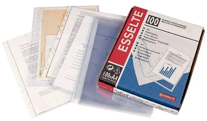 Esselte Funda Porta Documentos A4 PP – Cristal Liso Calidad Estandar – Multitaladro-11 – Caja 100 – Transparente