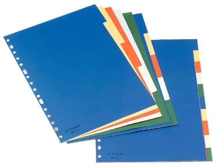Esselte Separadores Plastico A4 10 Pestañas 5 Colores Cartulina Indice Blanco Negro – Material PP – Tamaño A4 – Multitaladro – 10 Pestañas 5 Colores – Presentacion Bolsa Individual