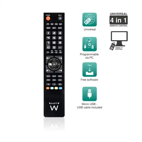 Ewent Control Remoto 4 en 1 Universal – Programable con Cable Micro USB y PC – Color Negro