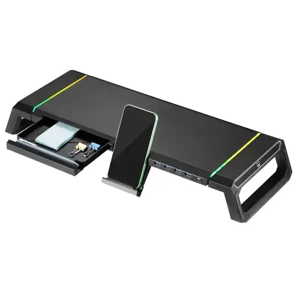 Ewent EW1268 Elevador para Monitor RGB Extensible – Plegable con cajon y soporte para smartphone – HUB USB 3.0 de 4 Puertos – Color Negro