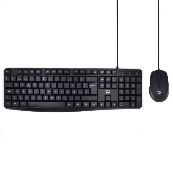 Ewent Paquete con Cable KB+RATON – Teclado de Oficina -Cable USB-A de 1.35m – Raton de oficina – 1000dpi – Cable USB-A de 1.35m – Color Negro