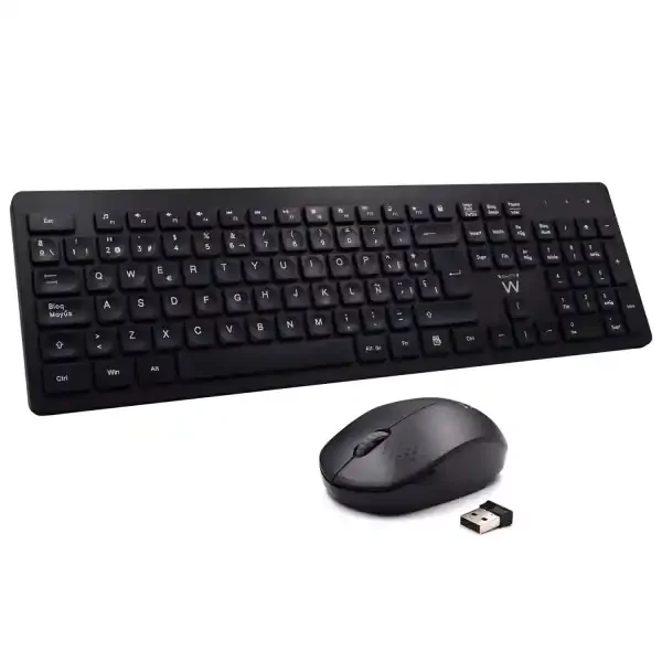 Ewent Paquete Inalambrico 2.4hz KB+RATON – Teclado de Oficina con 13 Teclas Multimedia – Raton de Viaje – 1000dpi Unico – Receptor USB-A – 2 Bateria AA (Incluida) – Color Negro