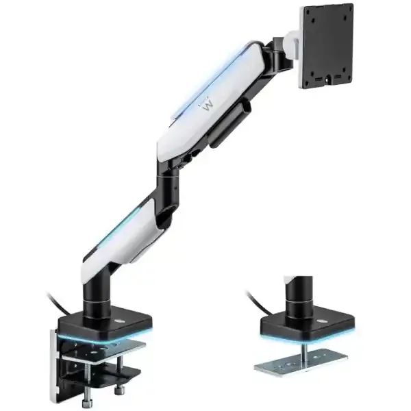 Ewent Soporte de Mesa RGB para Monitor/TV – Giratorio e Inclinable – Iluminacion RGB – Acero y Aluminio – Compatible Vesa – Carga Maxima 20Kg – Brazo Articulado – Sistema de Pasacables – Color Blanco