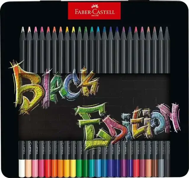 Faber-Castell Black Edition Caja Metalica de 24 Lapices de Colores – Mina Supersuave – Madera Negra – Ideales para Dibujo sobre Papel Claro, Oscuro y de Colores – Colores Surtidos