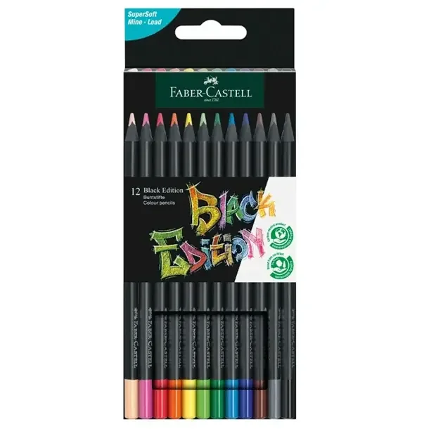 Faber-Castell Black Edition Pack de 12 Lapices de Colores – Mina Supersuave – Madera Negra – Ideales para Dibujo sobre Papel Claro, Oscuro y de Colores – Colores Surtidos